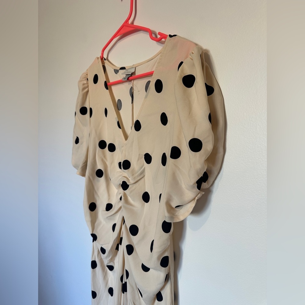 Polka Dot Ruched Midi Dress with Puff Sleeves